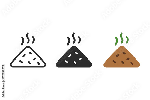 Compost Icon Trio. Minimalist compost pile icon: three identical compost pile icons in a row, first in line style with thin
