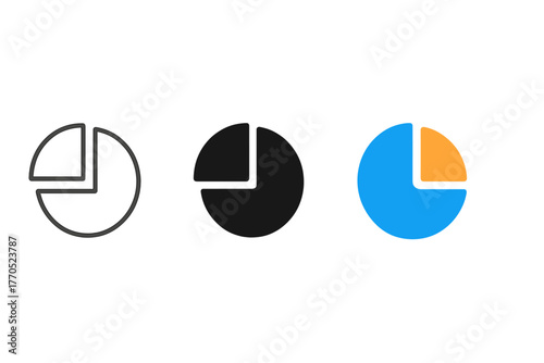 Minimalist Pie Charts. Minimalist pie chart icon: three identical circular charts with one slice highlighted in a row, first in