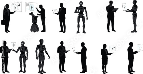 Business people working with robots, artificial intelligence collaboration in workplace, futuristic technology interaction, AI automation industry, digital transformation concept illustration