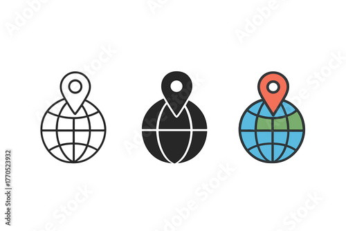 Minimalist Globe Icons. Minimalist globe location icon: three identical globes with small pins placed on them in a row, first in