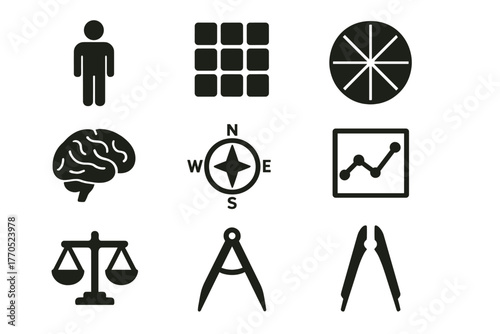 Character Typology Icons. Solid style icons of Character Typology: Human Silhouette, Symbol Grid, Personality Wheel, Brain,