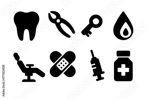 Dental Extraction Icons. Solid style icons of Dental Extraction: Tooth, Forceps, Key, Blood Drop, Chair, Bandage, Syringe, Bottle,