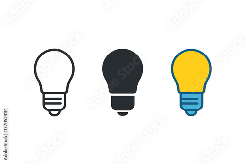LED Bulb Styles. Minimalist LED lighting icon: three identical LED bulb icons in a row, first in line style with thin outline,