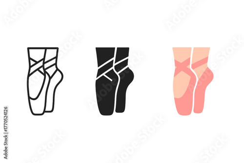 Minimalist Ballet Shoes. Minimalist toe shoe icon: three identical ballet pointe shoes in a row, first in line style with thin