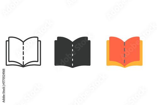 Minimalist Book Bindings. Minimalist book binding icon: three identical open book with stitched spine icons in a row, first in