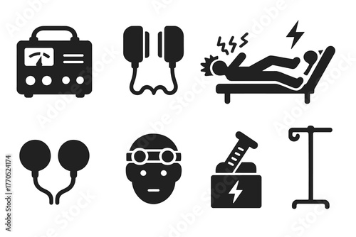 Vintage ECT Icons. Solid style icons of Vintage Electroconvulsive Therapy: Machine, Paddles, Convulsion, Treatment, Electrodes,