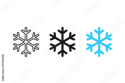 Snowflake Icon Trio. Minimalist snowfall icon: three identical snowflake icons in a row, first in line style with thin outline,