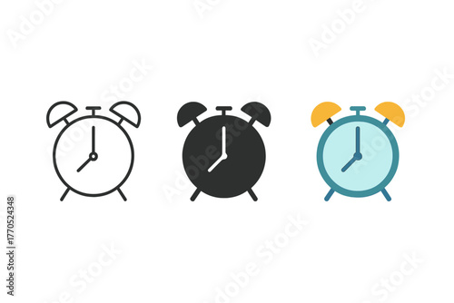 Minimalist Alarm Clocks. Minimalist alarm clock icon: three identical alarm clocks with two bells on top in a row, first in line
