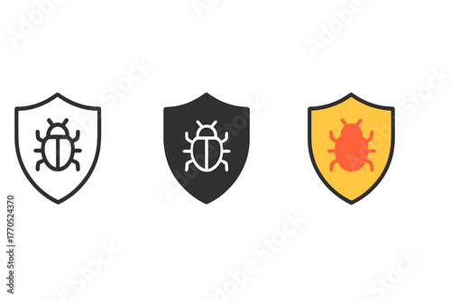 Minimalist Firewall Icons. Minimalist firewall testing icon: three identical shield with bug icons in a row, first in line style