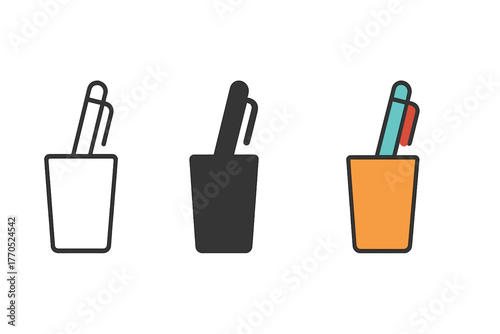 Minimalist Pen Stand Series. Minimalist pen stand icon: three identical pen stands in a row, first in line style with thin outline