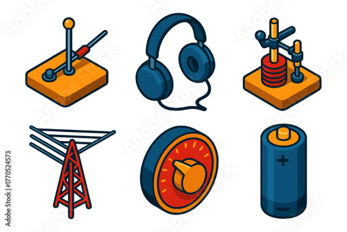 Crystal Radio Components. Isometric vector illustration set Crystal Radio: Cat's Whisker, Earphone, Crystal Detector, Wire Aerial,
