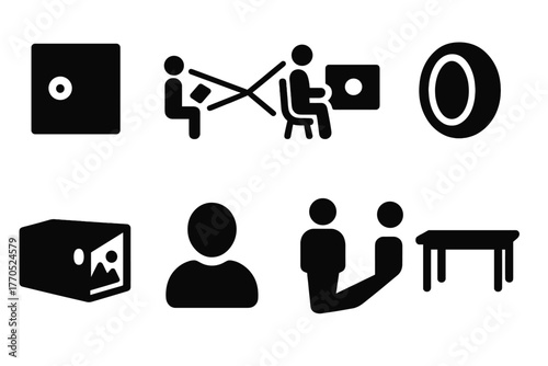 Optical Icons Collage. Solid style icons of Optical Wonder: Pinhole, Projected Image, Dark Room, Lens, Camera Obscura, Viewer,