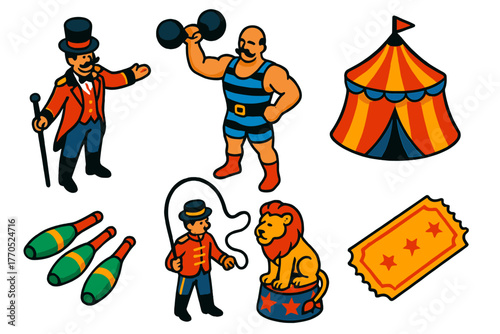 Vintage Circus Icons. Isometric vector illustration set Vintage Circus: Ringmaster, Strongman, Big Top, Lion Tamer, Juggling Clubs