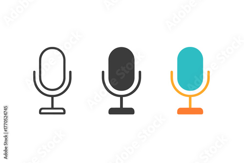 Minimalist Microphone Trio. Minimalist microphone icon: three identical studio microphones in a row, first in line style with thin