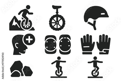 Extreme Unicycling Icons. Solid style icons of Extreme Unicycling: Mountain Trail, Unicycle, Helmet, Concentration, Knee Pads,