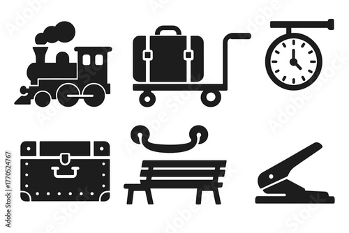 Retro Train Icons. Solid style icons of Retro Train Travel: Steam Locomotive, Luggage Cart, Leather Case, Station Clock, Travel