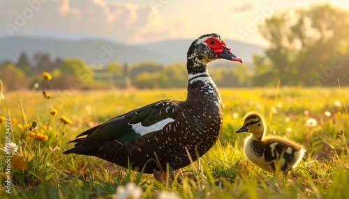 Fototapeta Naklejka Na Ścianę i Meble -  A muscovy duck and its duckling stand in a sunlit meadow of wildflowers, mountains in the soft focus background
