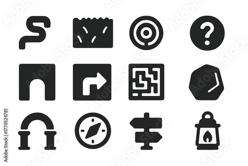 Labyrinth Icon Set. Solid style icons of Labyrinth: Path, Hedge, Center, Mystery, Entrance, Exit, Maze, Stone, Arch, Compass,