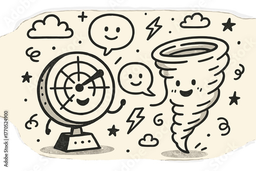 Tornado Radar Chat. Playful doodle vector scene of a radar and tornado chatting together while tiny doodle clouds, lightning bolts