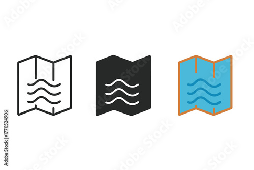Underwater Map Icons. Minimalist underwater map icon: three identical map with ocean depth lines icons in a row, first in line