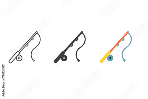Minimalist Fishing Rod Icons. Minimalist fishing rod icon: three identical fishing rod icons in a row, first in line style with