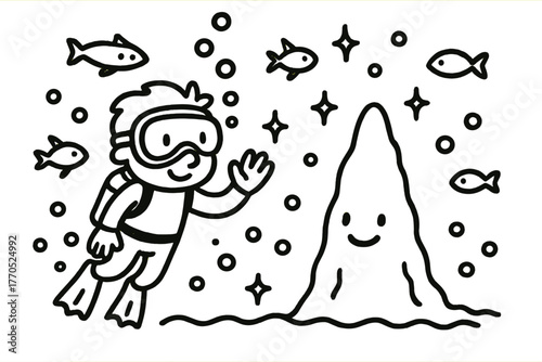 Diver's Playful Encounter. Playful doodle vector scene of a diver waving at a smiling stalagmite while doodle fish, sparkles, and
