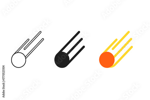 Meteor Tracking Icons. Minimalist meteor tracker icon: three identical meteor paths with trajectory lines in a row, first in line