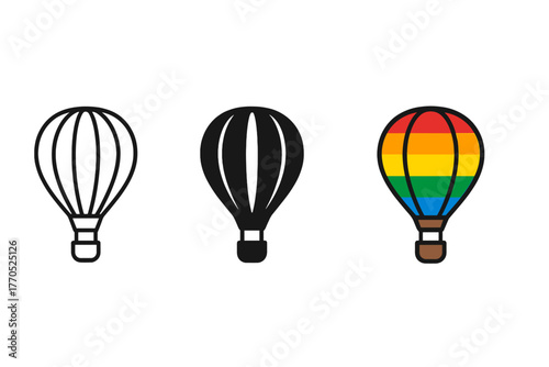 Rainbow Balloon Trio. Minimalist rainbow hot air balloon icon: three identical balloons with rainbow stripes in a row, first in