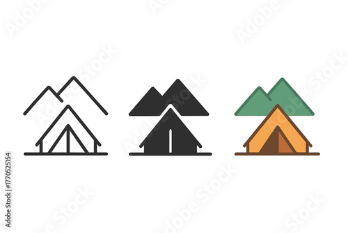 Diverse Tent Icons. Minimalist campsite icon: three identical tent on mountain icons in a row, first in line style with thin