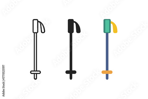Ski Pole Icon Trio. Minimalist ski pole icon: three identical ski poles in a row, first in line style with thin outline, second in