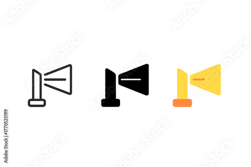 Lighthouse Beam Icons. Minimalist beam rotation icon: three identical lighthouse light beams in a row, first in line style with