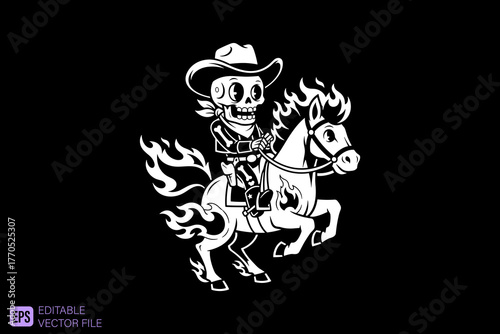 Cartoon Skeleton Cowboy Riding a Flaming Horse.