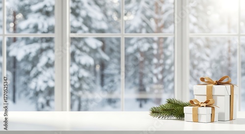 Christmas gift boxes with ribbon on white table against winter window
