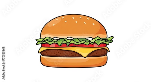 Delicious burger with lettuce, tomato, and cheese isolated on white background