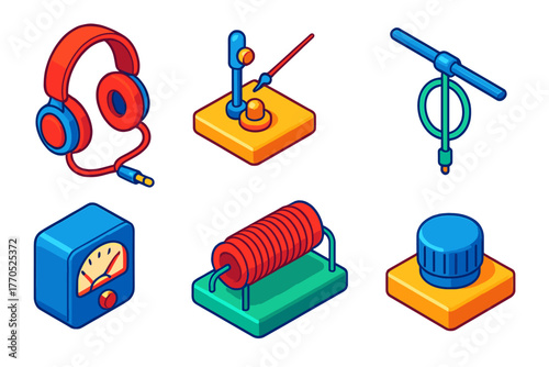 Crystal Radio Icons. Isometric vector illustration set Crystal Radio: Earphone, Cat's Whisker, Crystal Detector, Wire Aerial,
