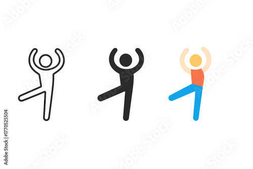 Dancer Icon Styles. Minimalist rehearsal icon: three identical dancer practicing icons in a row, first in line style with thin