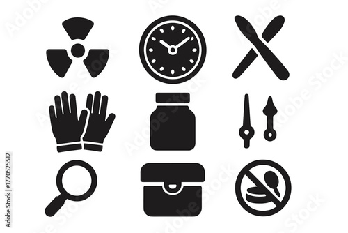 Historical Watchmaking Icons. Solid style icons of Historical Glow Watchmaking: Radium, Watch Face, Brush, Gloves, Jar, Clock