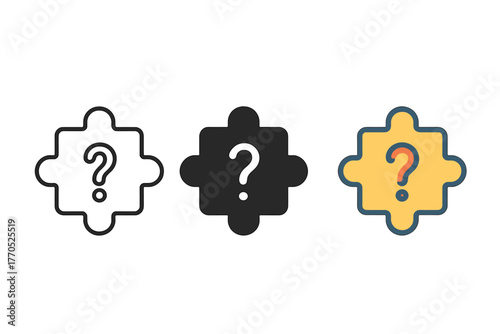 Minimalist Puzzle Icons. Minimalist challenge icon: three identical question mark in puzzle icons in a row, first in line style