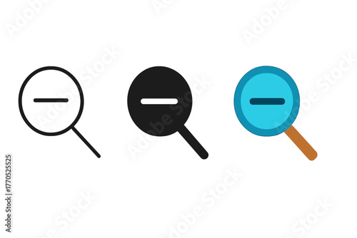 Minimalist Zoom Icons. Minimalist zoom out icon: three identical magnifiers with a minus sign inside in a row, first in line style
