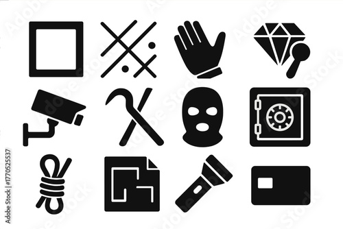 Art Heist Icons. Solid style icons of Art Heist: Empty Frame, Laser Grid, Gloved Hand, Diamond Cutter, Security Camera, Crowbar,