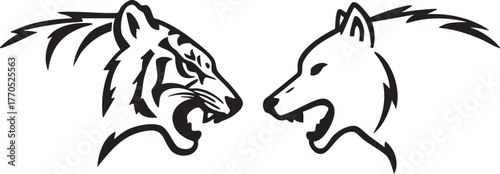 Intense face off between tiger and wolf heads minimalist design powerful animals clash