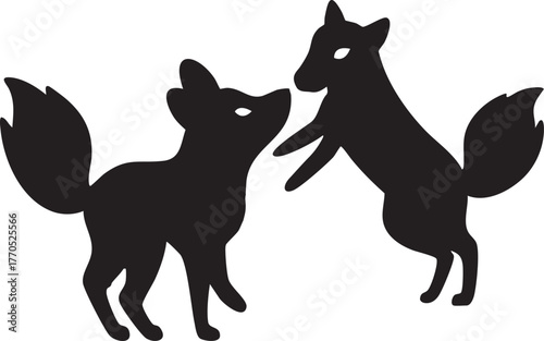 Playful silhouettes of two black foxes interacting with large bushy tails and bright eyes