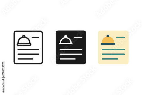 Recipe Card Designs. Minimalist recipe card icon: three identical recipe card icons in a row, first in line style with thin
