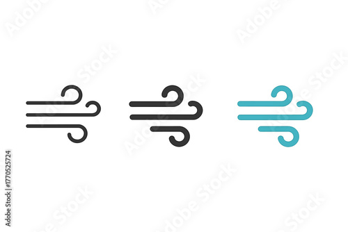 Modern Wind Icons. Minimalist wind condition icon: three identical wind gust icons in a row, first in line style with thin outline