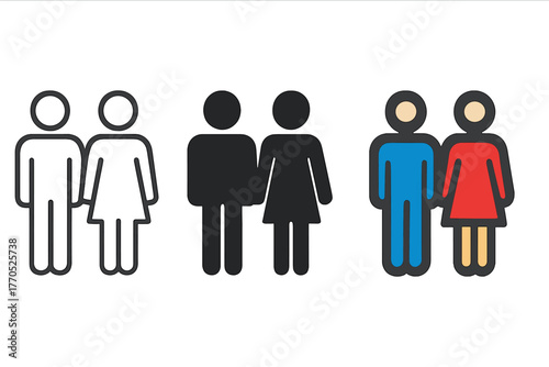 Minimalist Couple Icons. Minimalist couple icon: three identical pairs of two standing figures side by side in a row, first in