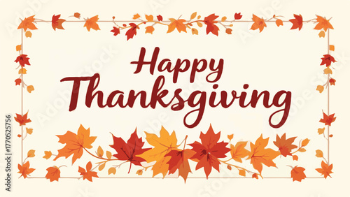 Happy Thanksgiving Greeting Card with Autumn Leaves Border