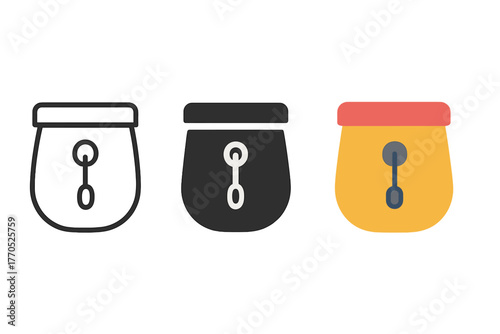 Chalk Bag Icons. Minimalist chalk bag icon: three identical chalk bag icons in a row, first in line style with thin outline,