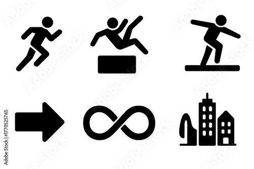 Flow State Icons. Solid style icons of Flow State: Silhouette Running, Jumping, Vaulting, Balancing, Arrow, Infinity Symbol,