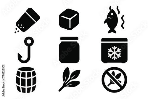 Preservation Methods Icons. Solid style icons of Preservation Methods: Salt, Ice, Smoked Fish, Meat Hook, Jar, Icebox, Barrel,
