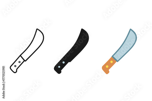 Minimalist Machete Icon. Minimalist survival machete icon: three identical machetes in a row, first in line style with thin